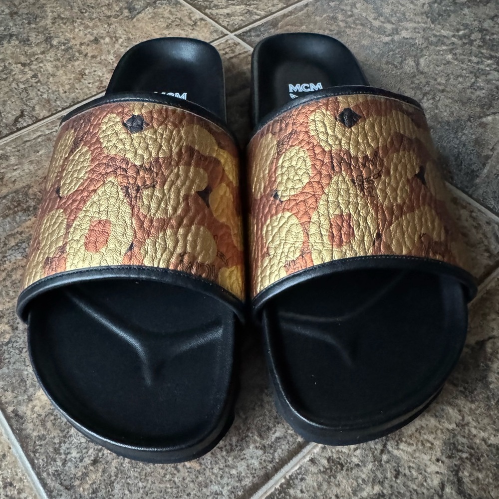 MCM Visetos Leopard Print Monogram Slide Sandal Men’s Size 46/13  Authenticated